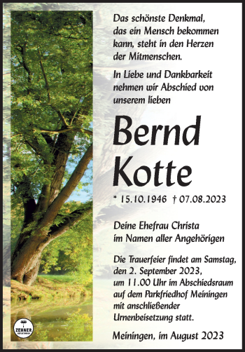 Traueranzeige von Bernd Kotte von Südthüringer Presse