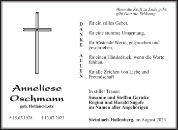 Traueranzeige von Anneliese Oschmann von Südthüringer Presse