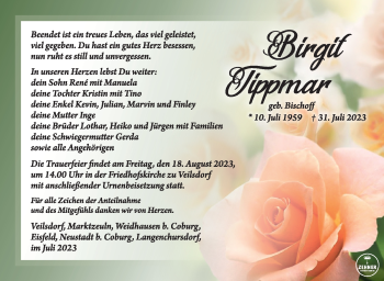 Traueranzeige von Birgit Tippmar von Südthüringer Presse