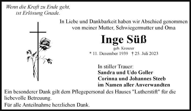  Traueranzeige für Inge Süß vom 12.08.2023 aus Frankenpost