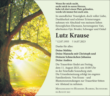 Traueranzeige von Lutz Krause von Südthüringer Presse