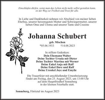 Traueranzeige von Johanna Schubert von Südthüringer Presse
