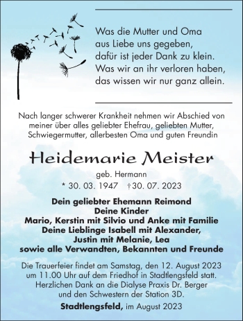 Traueranzeige von Heidemarie Meister von Südthüringer Presse