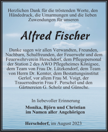 Traueranzeige von Alfred Fischer von Südthüringer Presse
