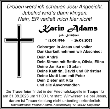 Traueranzeige von Karin Adams von Frankenpost