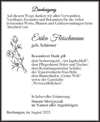 Traueranzeige von Erika Fleischmann von Südthüringer Presse