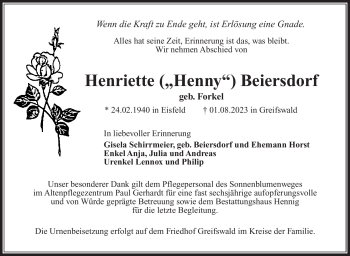 Traueranzeige von Henriette Beiersdorf von Südthüringer Presse