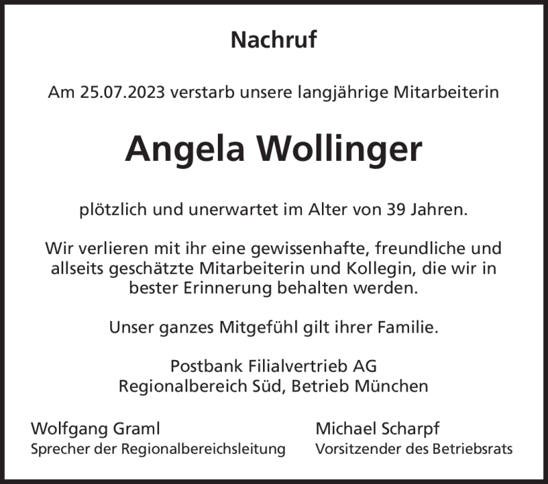  Traueranzeige für Angela Wollinger vom 09.08.2023 aus Neue Presse Coburg