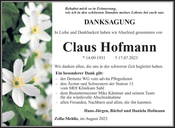 Traueranzeige von Claus Hofmann von Südthüringer Presse
