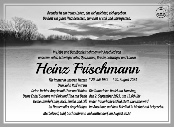 Traueranzeige von Heinz Frischmann von Südthüringer Presse