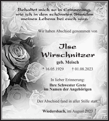 Traueranzeige von Ilse Wirschnitzer von Südthüringer Presse