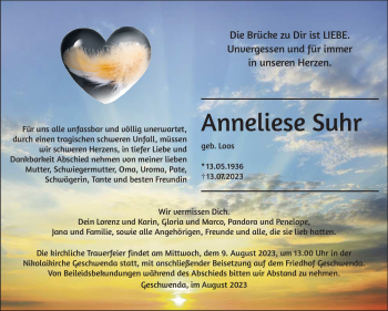 Traueranzeige von Anneliese Suhr von Südthüringer Presse