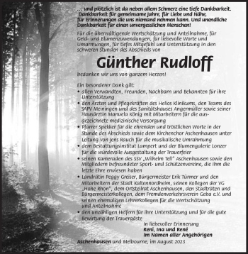 Traueranzeige von Günther Rudloff von Südthüringer Presse