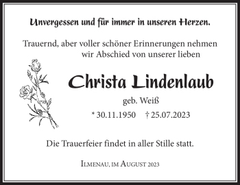 Traueranzeige von Christa Lindenlaub von Südthüringer Presse