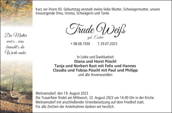 Traueranzeige von Trude Weiß von Neue Presse Coburg