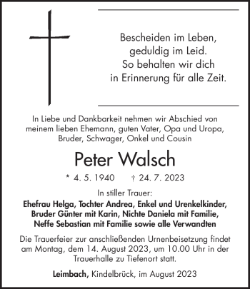 Traueranzeige von Peter Walsch von Südthüringer Presse