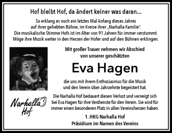 Traueranzeige von Eva Hagen von Frankenpost