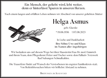 Traueranzeige von Helga Asmus von Südthüringer Presse