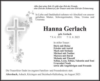 Traueranzeige von Hanna Gerlach von Südthüringer Presse