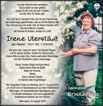 Traueranzeige von Irene Uterstädt von Südthüringer Presse