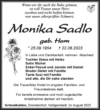 Traueranzeige von Monika Sadlo von Südthüringer Presse