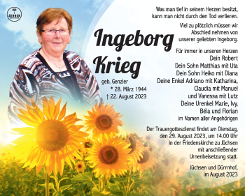 Traueranzeige von Ingeborg Krieg von Südthüringer Presse
