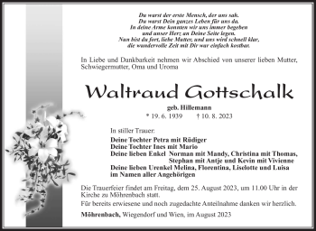 Traueranzeige von Waltraud Gottschalk von Südthüringer Presse