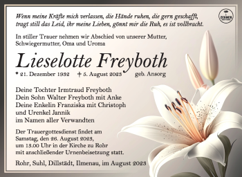 Traueranzeige von Lieselotte Freyboth von Südthüringer Presse
