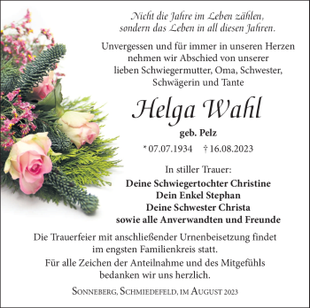 Traueranzeige von Helga Wahl von Südthüringer Presse