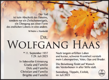 Traueranzeige von Wolfgang Haas von Südthüringer Presse