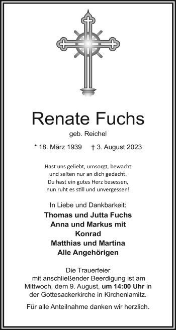 Traueranzeige von Renate Fuchs von Frankenpost