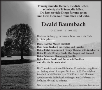 Traueranzeige von Ewald Baumbach von Südthüringer Presse