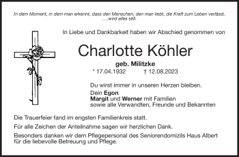 Traueranzeige von Charlotte Köhler von Neue Presse Coburg
