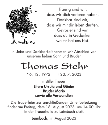 Traueranzeige von Thomas Stehr von Südthüringer Presse