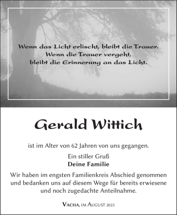 Traueranzeige von Gerald Wittich von Südthüringer Presse