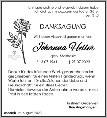 Traueranzeige von Johanna Heller von Südthüringer Presse