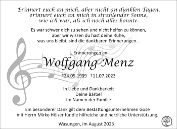 Traueranzeige von Wolfgang Menz von Südthüringer Presse