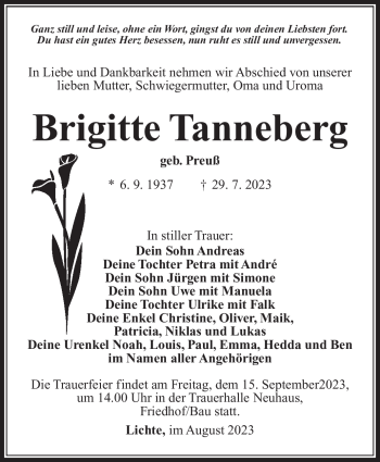 Traueranzeige von Brigitte Tanneberg von Südthüringer Presse