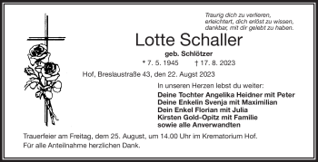 Traueranzeige von Lotte Schaller von Frankenpost