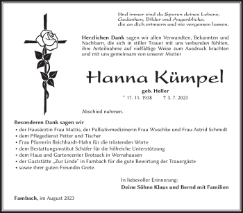 Traueranzeige von Hanna Kümpel von Südthüringer Presse