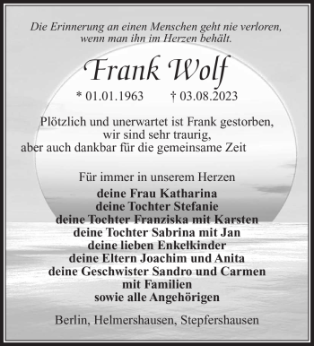 Traueranzeige von Frank Wolf von Südthüringer Presse
