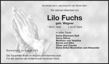 Traueranzeige von Lieselotte Fuchs von Neue Presse Coburg