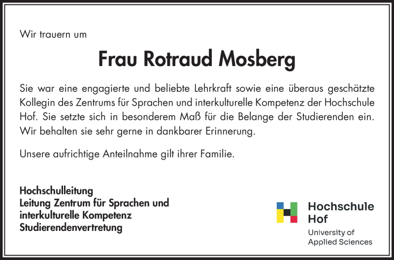  Traueranzeige für Rotraud Mosberg vom 02.08.2023 aus Frankenpost