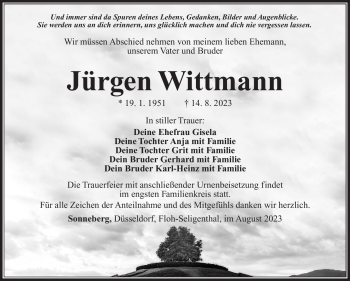 Traueranzeige von Jürgen Wittmann von Südthüringer Presse