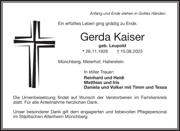 Traueranzeige von Gerda Kaiser von Frankenpost