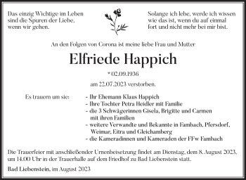 Traueranzeige von Elfriede Happich von Südthüringer Presse