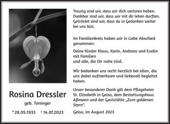 Traueranzeige von Rosina Dressler von Südthüringer Presse
