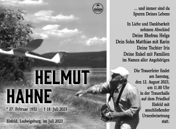 Traueranzeige von Helmut Hahne von Südthüringer Presse