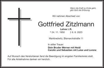 Traueranzeige von Gottfried Zitzlmann von Frankenpost