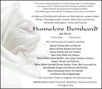 Traueranzeige von Hannelore Bernhardt von Südthüringer Presse
